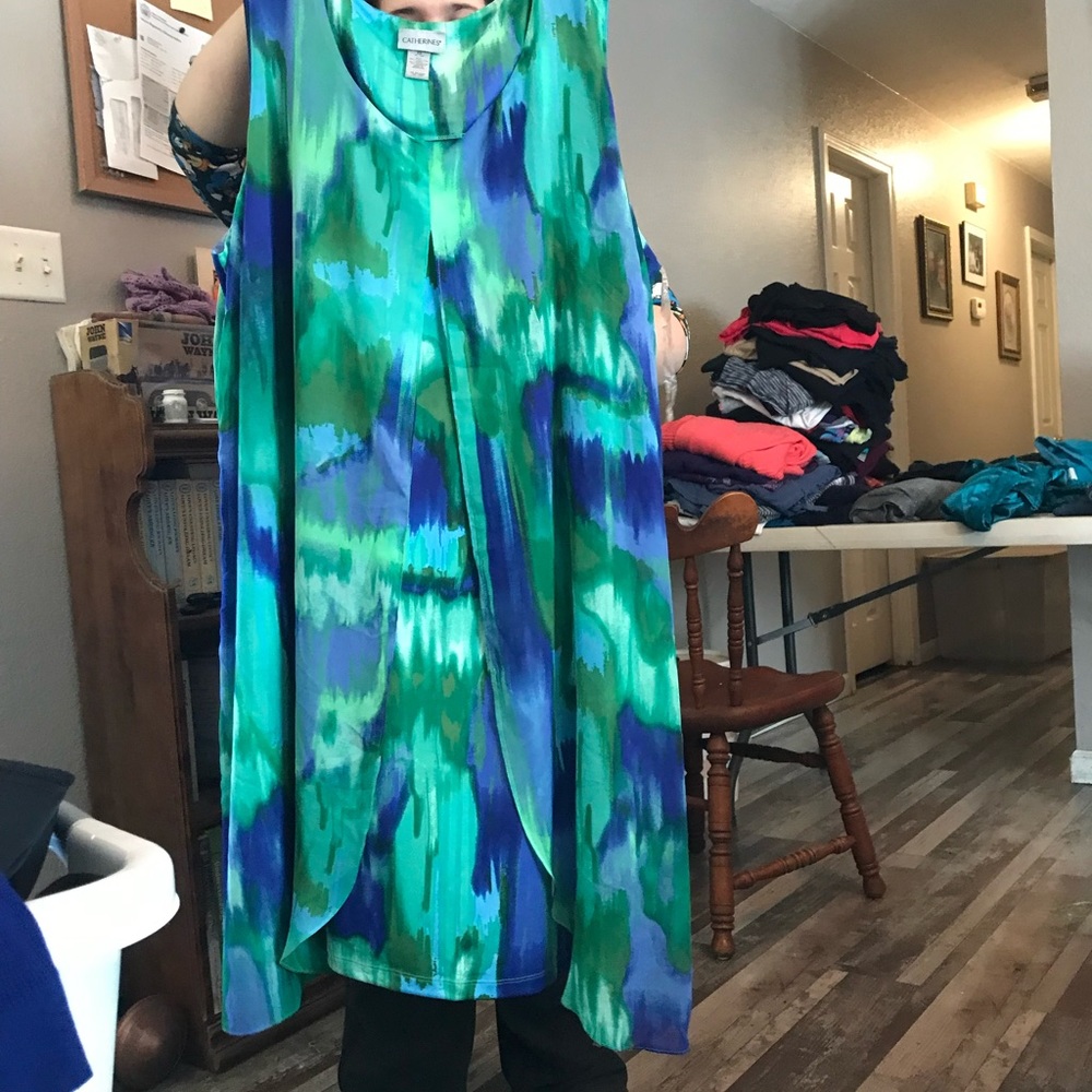 Blue and green sheer dress with blue short sleeve cardigan